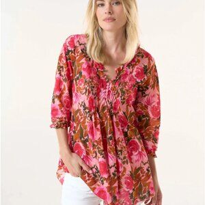 One Season Floral Pink and Green Button-Up Blouse XS